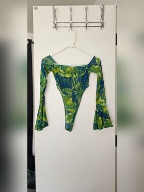 Fashion Nova Mesh Green and Blue Tropical Leaf Bodysuit
